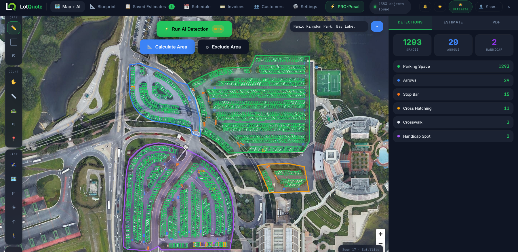 LotQuote aerial satellite view with AI detections highlighting 1,293 parking spaces, 29 arrows, 15 stop bars, and other markings