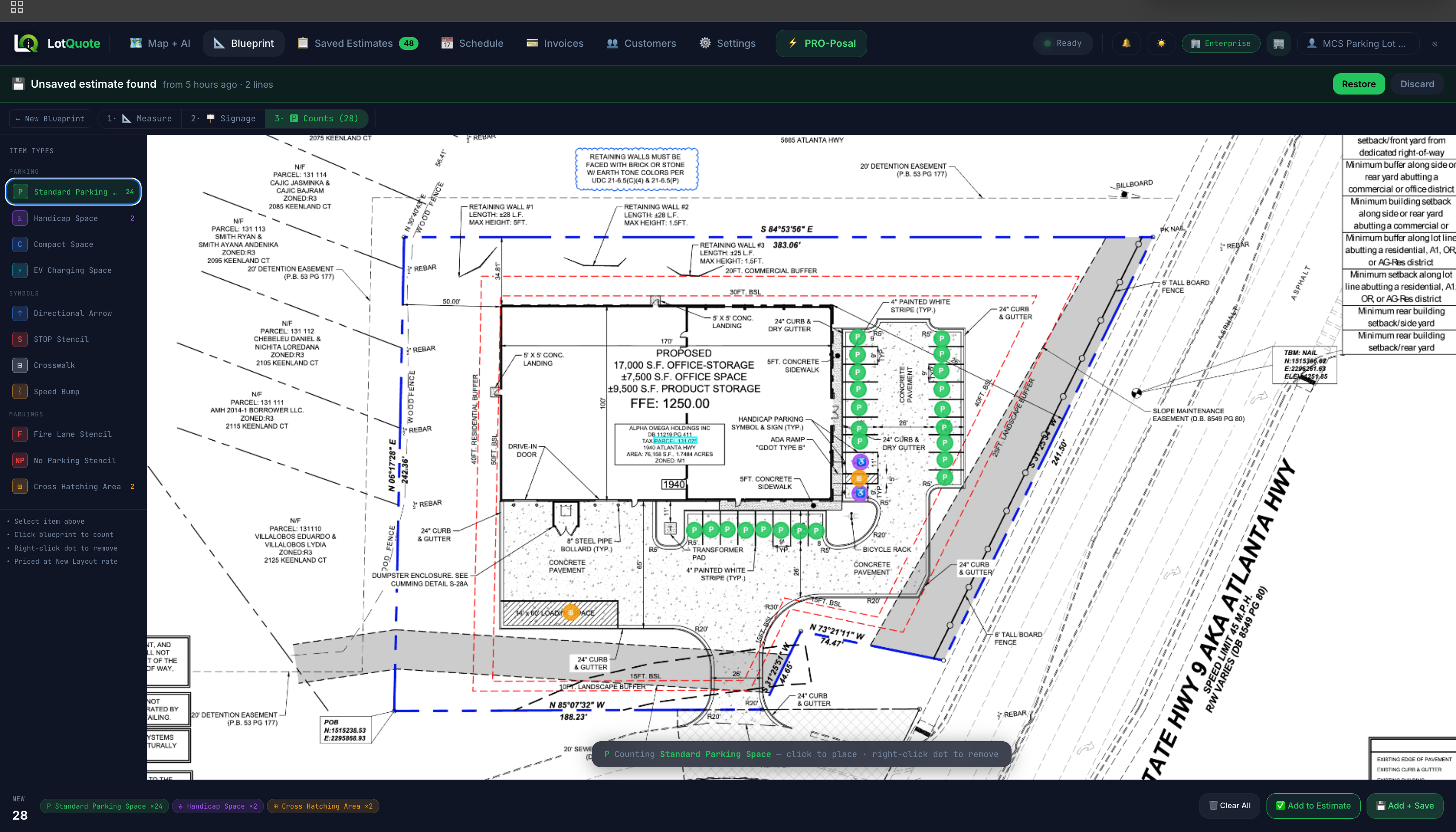 LotQuote blueprint takeoff view with parking spaces counted on an architectural site plan